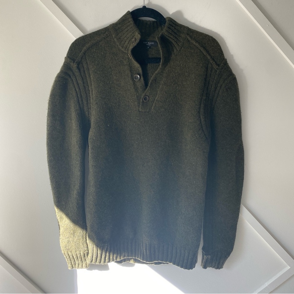 Ted Baker Wool Cashmere Button Collar Sweater Olive Green (4) L Luxury Knitwear